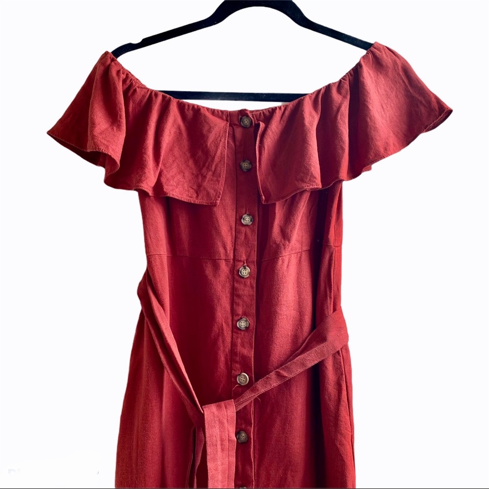 Rust colored off the shoulder midi dress